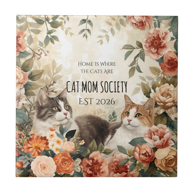 Vintage-Botanik-Katzenmutter-Gesellschaft Florale  Fliese (Vorderseite)