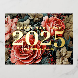 Vintage Botanische Blumen Frohes Neues Jahr 2027 G Folien Feiertagspostkarte