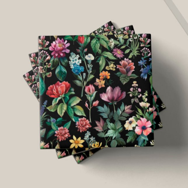 Vintage botanische Elegance Black Fliese (Von Creator hochgeladen)