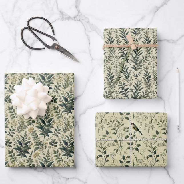 Vintage botanische Elfenbein-/Gehaltspapiere Geschenkpapier Set (Vorderseite)