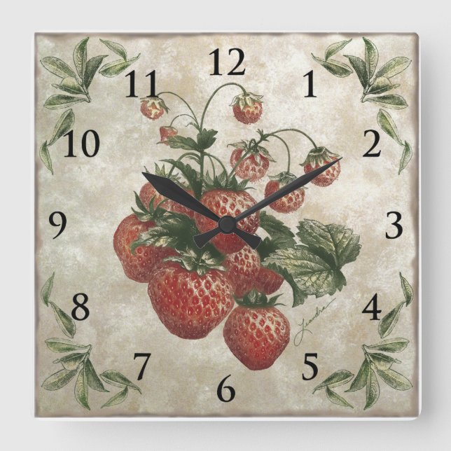 Vintage botanische Erdbeeren Früchte Quadratische Wanduhr (Vorderseite)