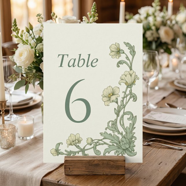 Vintage Botanische Florale Hellgrüne Tischnummern (Vintage Botanical Floral Sage Green Table Numbers.)