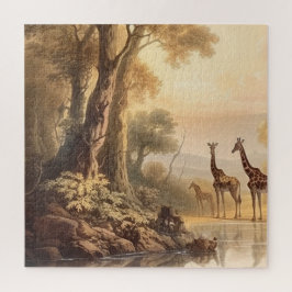 Vintage botanische Giraffenlandschaft am Fluss Puzzle