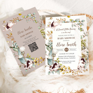 Vintage Botanische Häschen Hasen Baby Shower QR Einladung