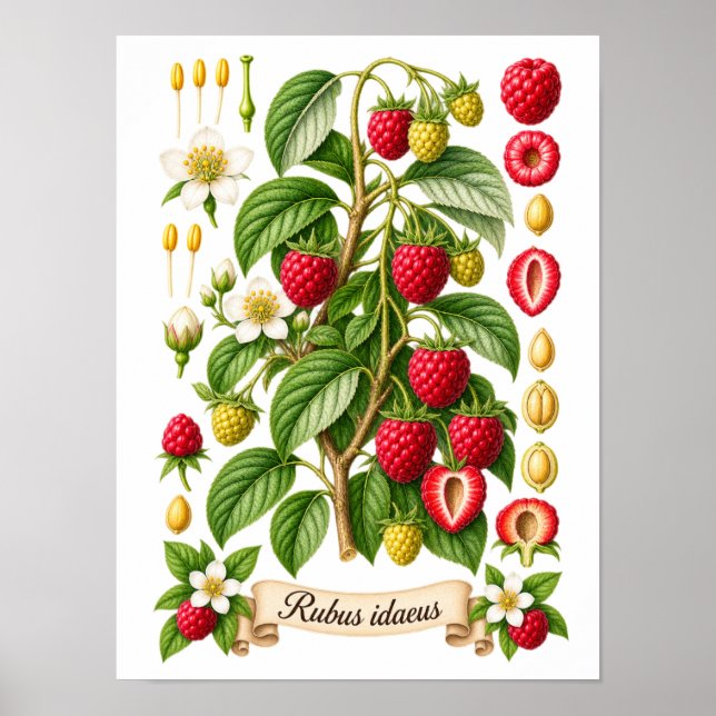 Vintage botanische Himbeer-Illustration Poster (Vorne)
