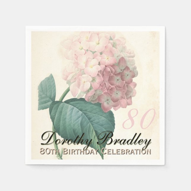 Vintage botanische Hydrangea 80. Geburtstagspartei Serviette (Vorderseite)