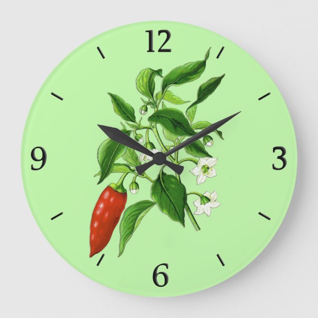 Vintage botanische Illustration, Chili Pfeffer Große Wanduhr (Vorderseite)