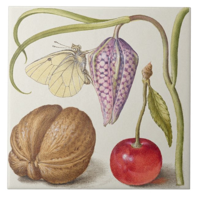 Vintage botanische Keramik Fliese (Vorderseite)