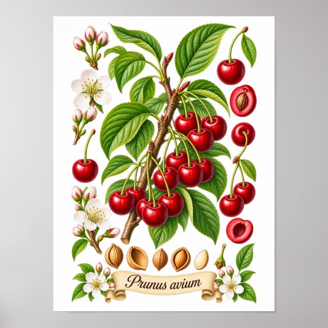 Vintage botanische Kirsch-Illustration Poster (Vorne)