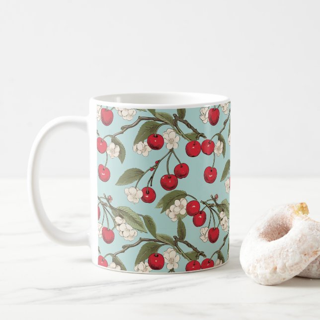Vintage botanische Kirschen Muster Keramik Tasse (Mit Donut)