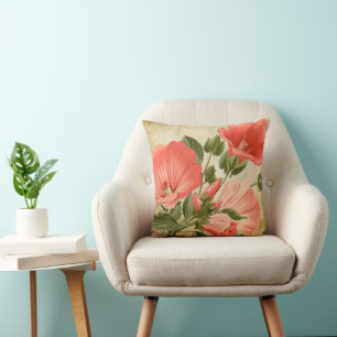 Vintage botanische korallenrote Blumendruck-Antike Kissen