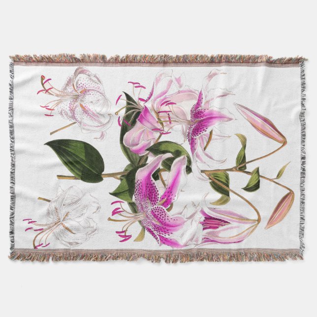 Vintage botanische Lilien-Blumen-BlumengartenThrow Decke (Vorderseite)