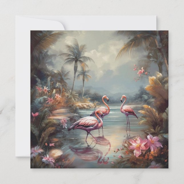 Vintage botanische Malflamingos und Blume (Vorderseite)