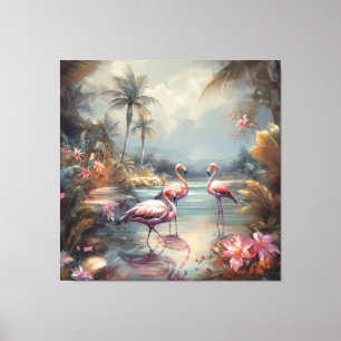 Vintage botanische Malflamingos und Blume Leinwanddruck