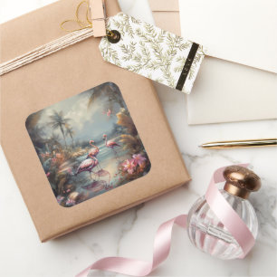 Vintage botanische Malflamingos und Blume Quadratischer Aufkleber