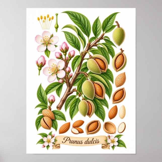 Vintage botanische Mandel-Illustration Poster (Vorne)