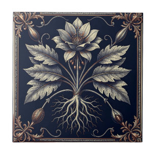 Vintage botanische Mohnwurzel-Goldgravur Fliese