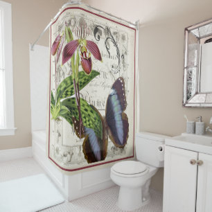 Vintage Botanische Orchidee und Schmetterling Duschvorhang