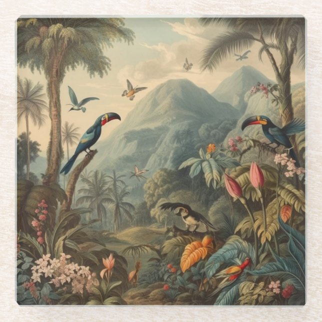 Vintage botanische Papageienlandschaft und Blume Glasuntersetzer (Vorderseite)