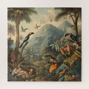 Vintage botanische Papageienlandschaft und Blume Puzzle