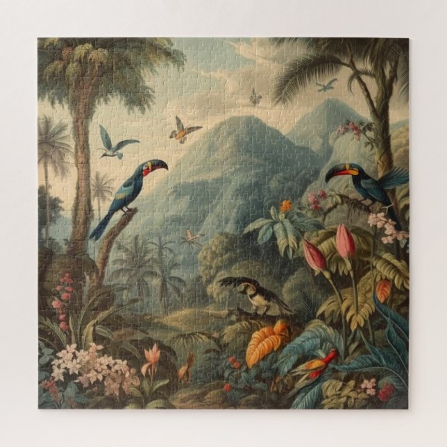 Vintage botanische Papageienlandschaft und Blume Puzzle (Vertikal)