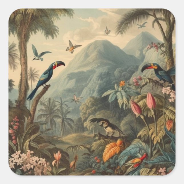 Vintage botanische Papageienlandschaft und Blume Quadratischer Aufkleber (Vorderseite)