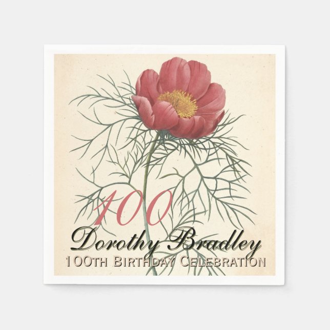 Vintage Botanische Peonie 100. Geburtstagsparty PP Serviette (Vorderseite)