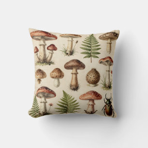 Vintage botanische Pilz-Farn-Collage Kissen