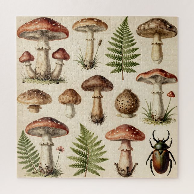 Vintage botanische Pilz-Farn-Collage Puzzle (Vertikal)