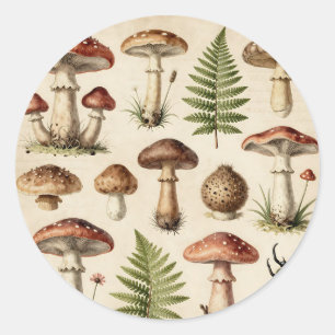 Vintage botanische Pilz-Farn-Collage Runder Aufkleber