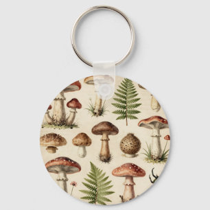Vintage botanische Pilz-Farn-Collage Schlüsselanhänger