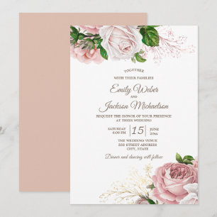 Vintage botanische rosa Blumenrosen Weiße Hochzeit Einladung