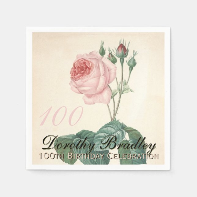 Vintage botanische Rose 100. Geburtstagsparty PN Serviette (Vorderseite)