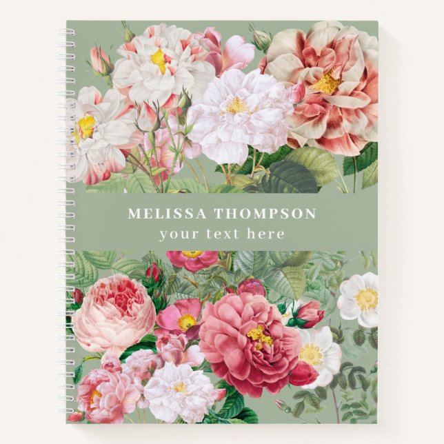 Vintage botanische Rose grün und rosa Notizbuch (Vorderseite)