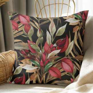 Vintage Botanische Rosen und Palmenblätter Schwarz Kissen