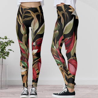 Vintage Botanische Rosen und Palmenblätter Schwarz Leggings