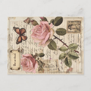 Vintage botanische Rosen und Schmetterling Ephemer Feiertagspostkarte