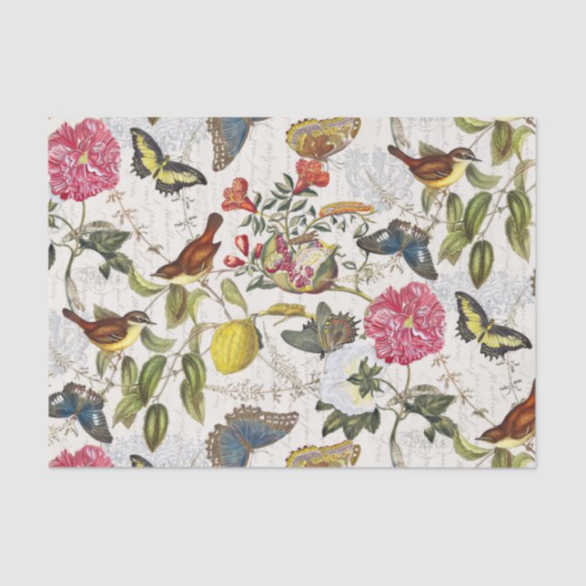 Vintage botanische Schmetterlinge und Vogelgewebe Seidenpapier (Vorderseite)