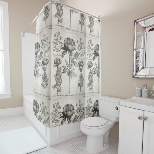 Vintage botanische Schwarzweiss-Blumen mit Blumen Duschvorhang (Beispiel)