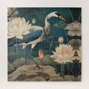 Vintage botanische Szene blaue Kraniche und Lotus Puzzle
