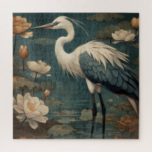 Vintage botanische Szene blaue Kraniche und Lotus Puzzle