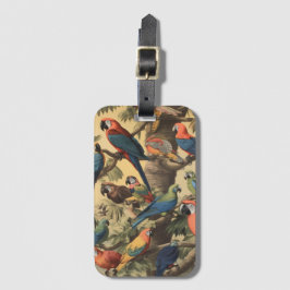 Vintage botanische Szene bunte Papageien in einem  Gepäckanhänger