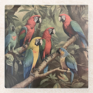 Vintage botanische Szene bunte Papageien in einem Glasuntersetzer