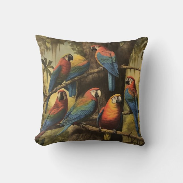 Vintage botanische Szene bunte Papageien in einem  Kissen (Vorderseite)