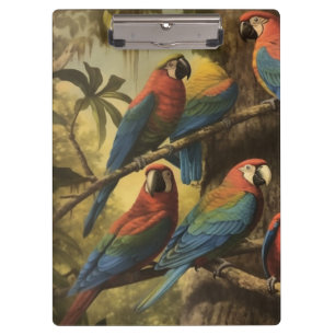 Vintage botanische Szene bunte Papageien in einem Klemmbrett