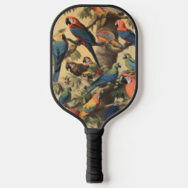 Vintage botanische Szene bunte Papageien in einem  Pickleball Schläger
