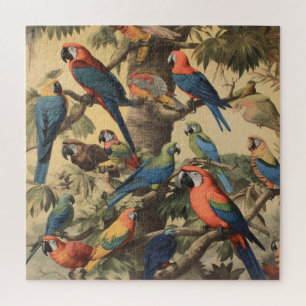 Vintage botanische Szene bunte Papageien in einem  Puzzle