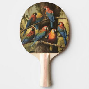 Vintage botanische Szene bunte Papageien in einem  Tischtennis Schläger