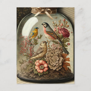 Vintage botanische Szene in Glas mit Vögeln Postkarte