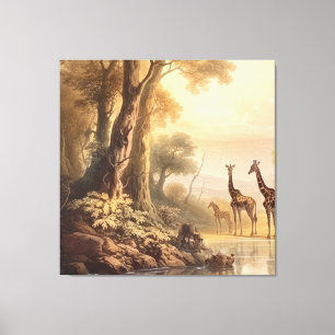 Vintage botanische Szene mit Giraffen am Fluss Leinwanddruck